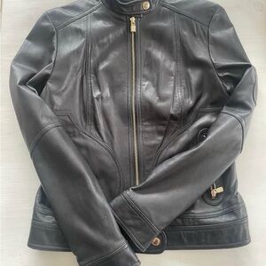 Laundry By Shelli Segal Black Leather Jacket with Gold Accents